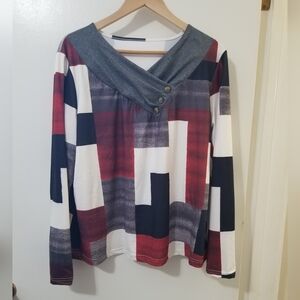 Geometric Colorblock Button Detail Stretch Top Size XXL
